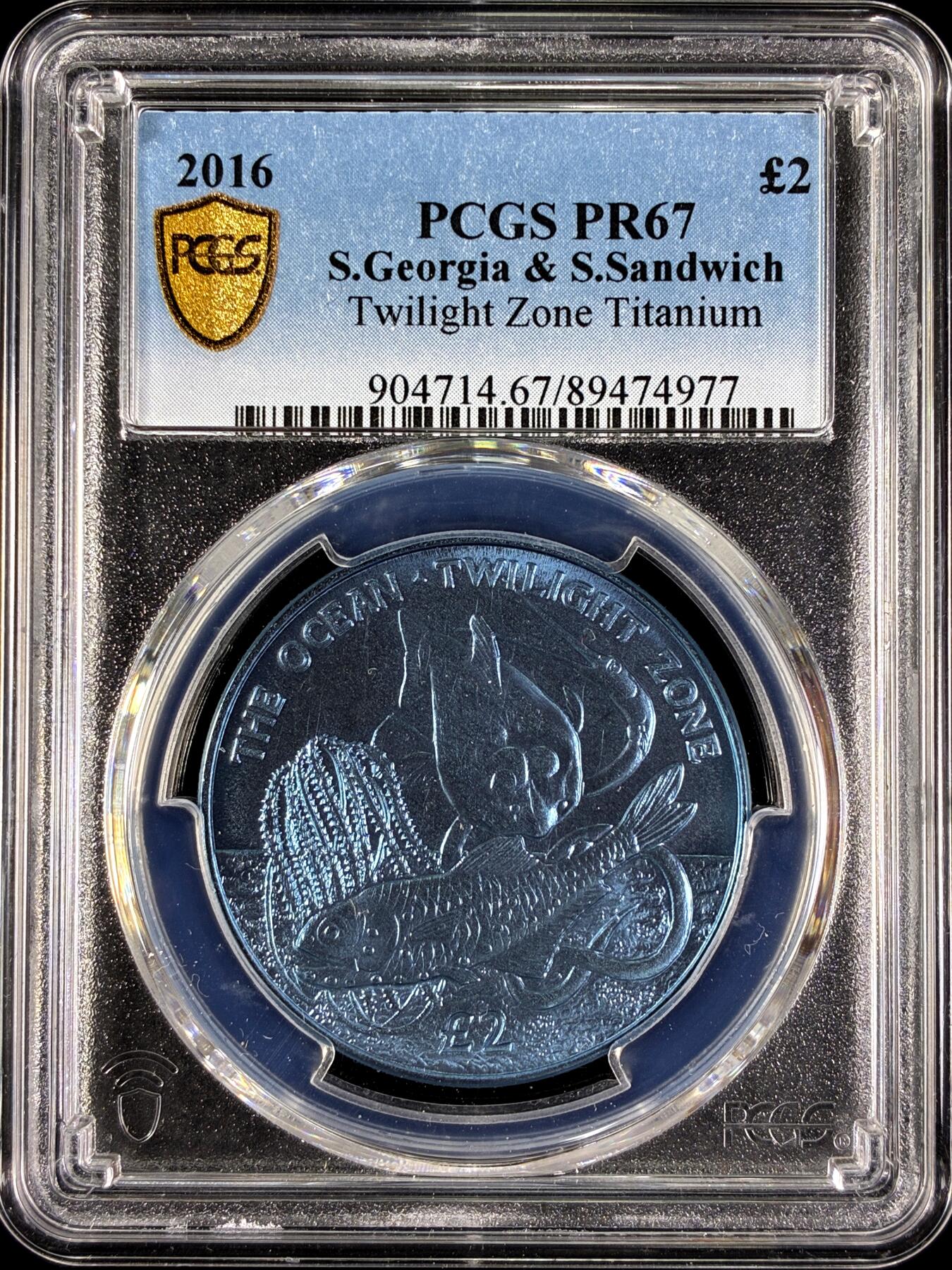 【雨安】【直播拍卖】【第0129期-评级币章】2026-03-21 周六 19:30 (金价1115, 银价20.09) [评级现代] S.Georgia & S.Sandwich 南乔治亚岛和南桑威奇群岛 2镑 2016年 中层带 钛币 Twilight Zone PCGS-PR67 精制币