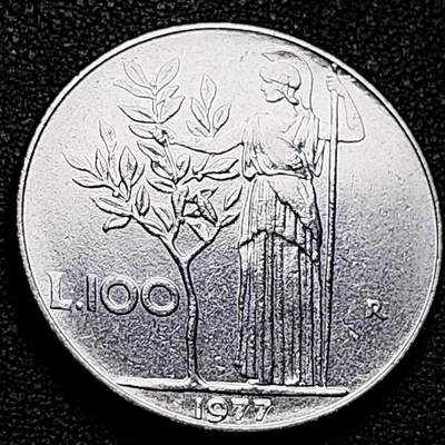 泉币菌-第212场-拍品多 请提前出价（工作最近较忙 发货不及时，望理解） - 1977年 意大利早期100里拉 月亮和记忆女神密涅瓦 不锈钢币 27.8mm
