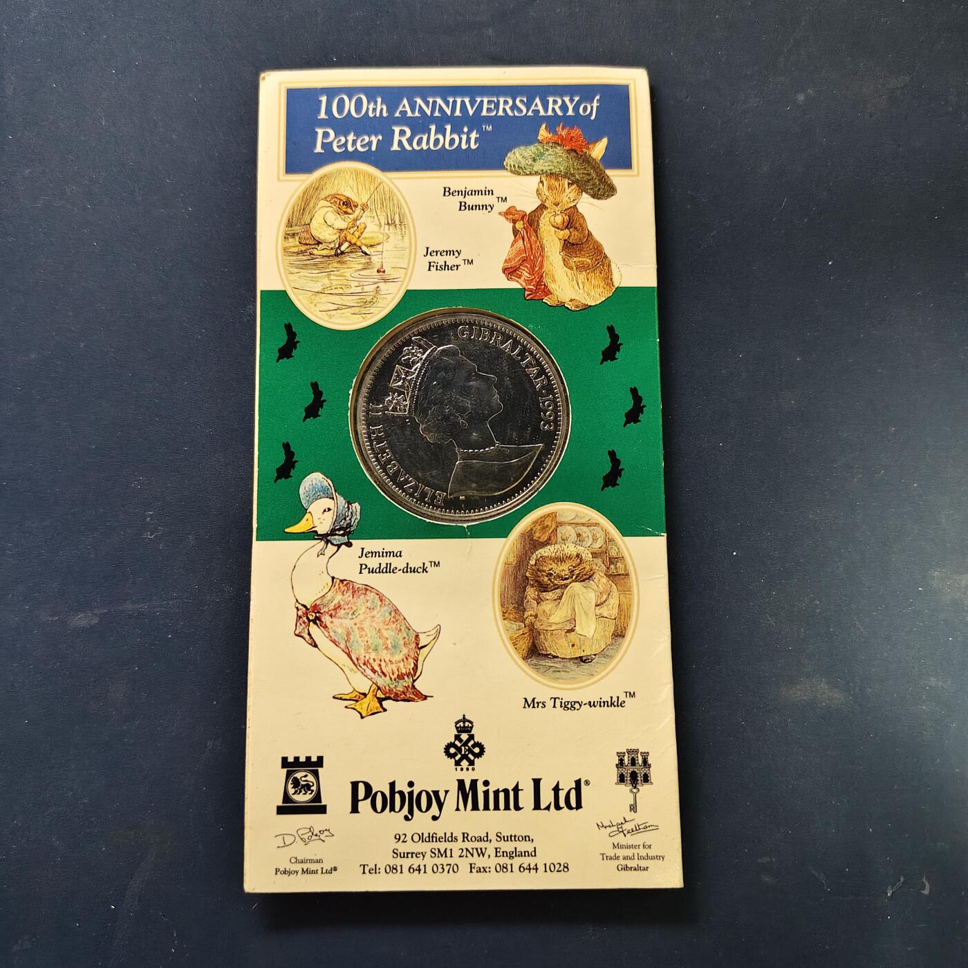 【全场包邮】纯粹捡漏拍513场 直布罗陀1993年1克朗彼得兔100周年官方卡装克朗型纪念币