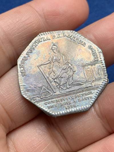 《竞宝斋》第472场 周日，周一，周二 3场连拍 （全场包邮）欢迎送拍 - 法国八角银质jeton，路易十五头像建筑木材专员，9.37g，30.7mm，早期无边铭