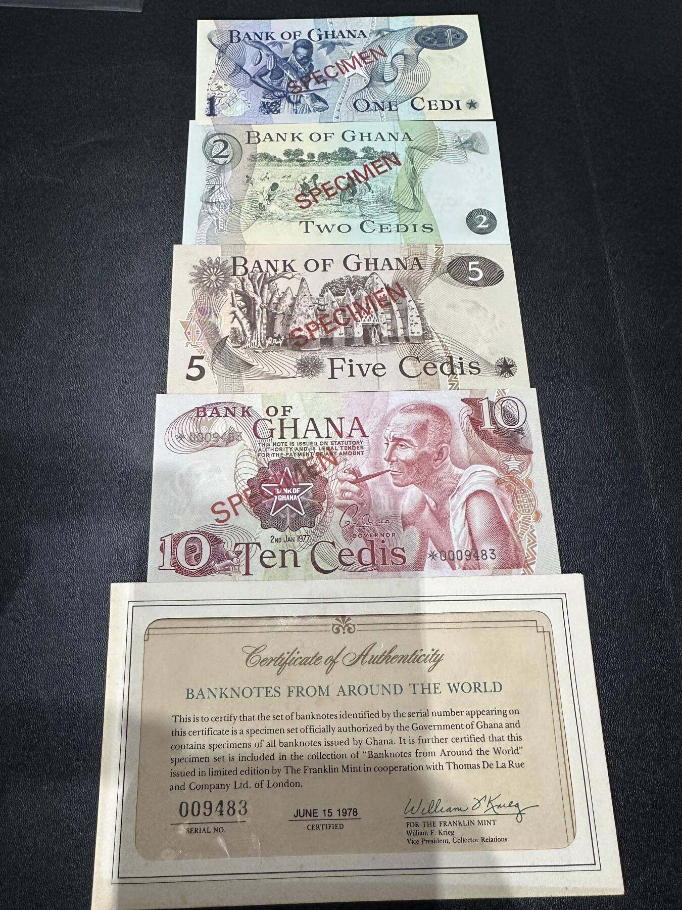 《外钞收藏家》第六百一十九期（精品场）（长期征集拍品、欢迎藏友们联系合作） 加纳政府官方发行 1-10面额 样钞 四张一起 全新带封套