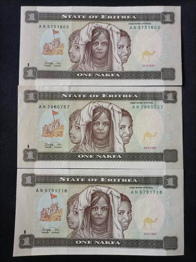 【游宝拍卖】丙午马年第14期 - 厄立特里亚-1纳克法 3张 UNC/UNC-