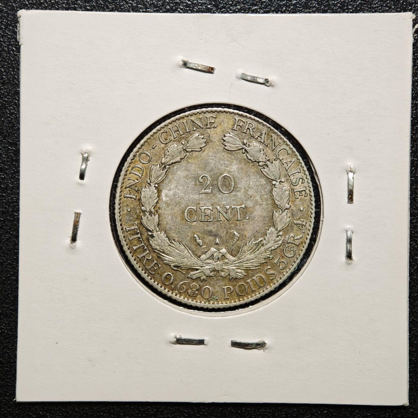 【德藏】世界币章拍卖第168期（拍品征集中~欢迎藏友联系） 老藏家集藏系列之- 1928年 法属印度支那直20分银币 径约：25.9mm；重约：5.4g 入册20余年·附有当年购入价