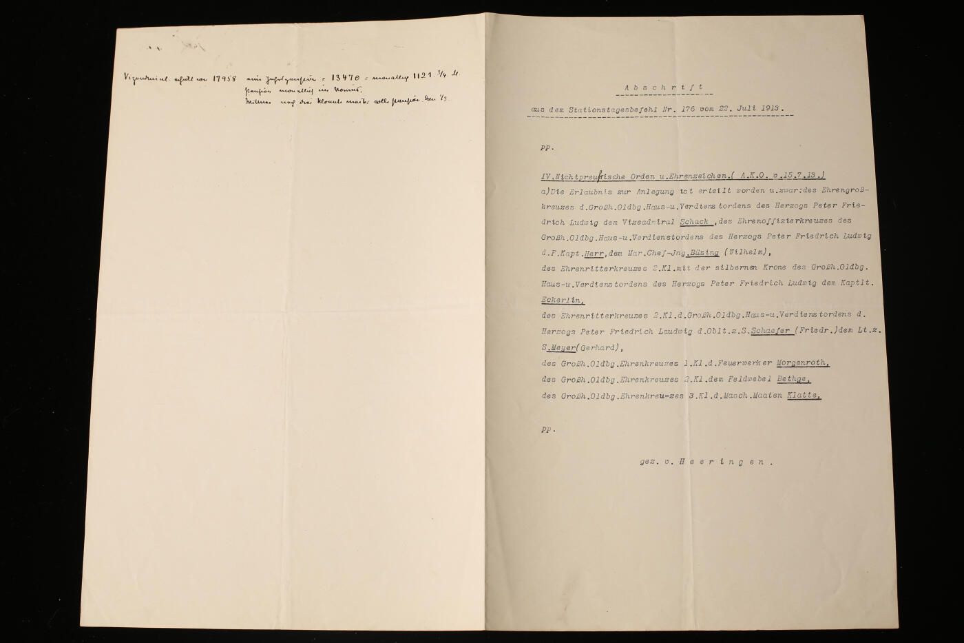 戎马世界章牌大赏第112期 德专场 海军中将 威廉沙克 获得大十字级  奥尔登堡彼得·弗里德里希·路德维希家族功绩勋章 的法令