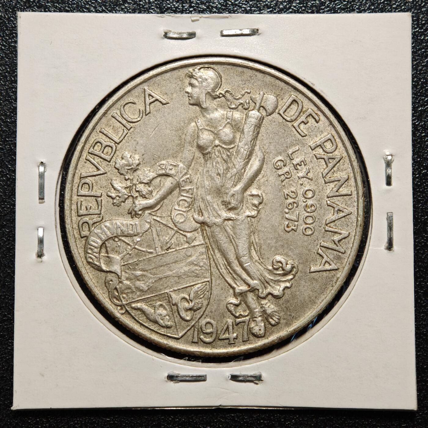 【德藏】世界币章拍卖第168期（拍品征集中~欢迎藏友联系） 老藏家集藏系列之- 1947年 巴拿马1巴波亚银币 900银 直径约：38mm；重约：26.7g 入册20余年·附有当年购入价