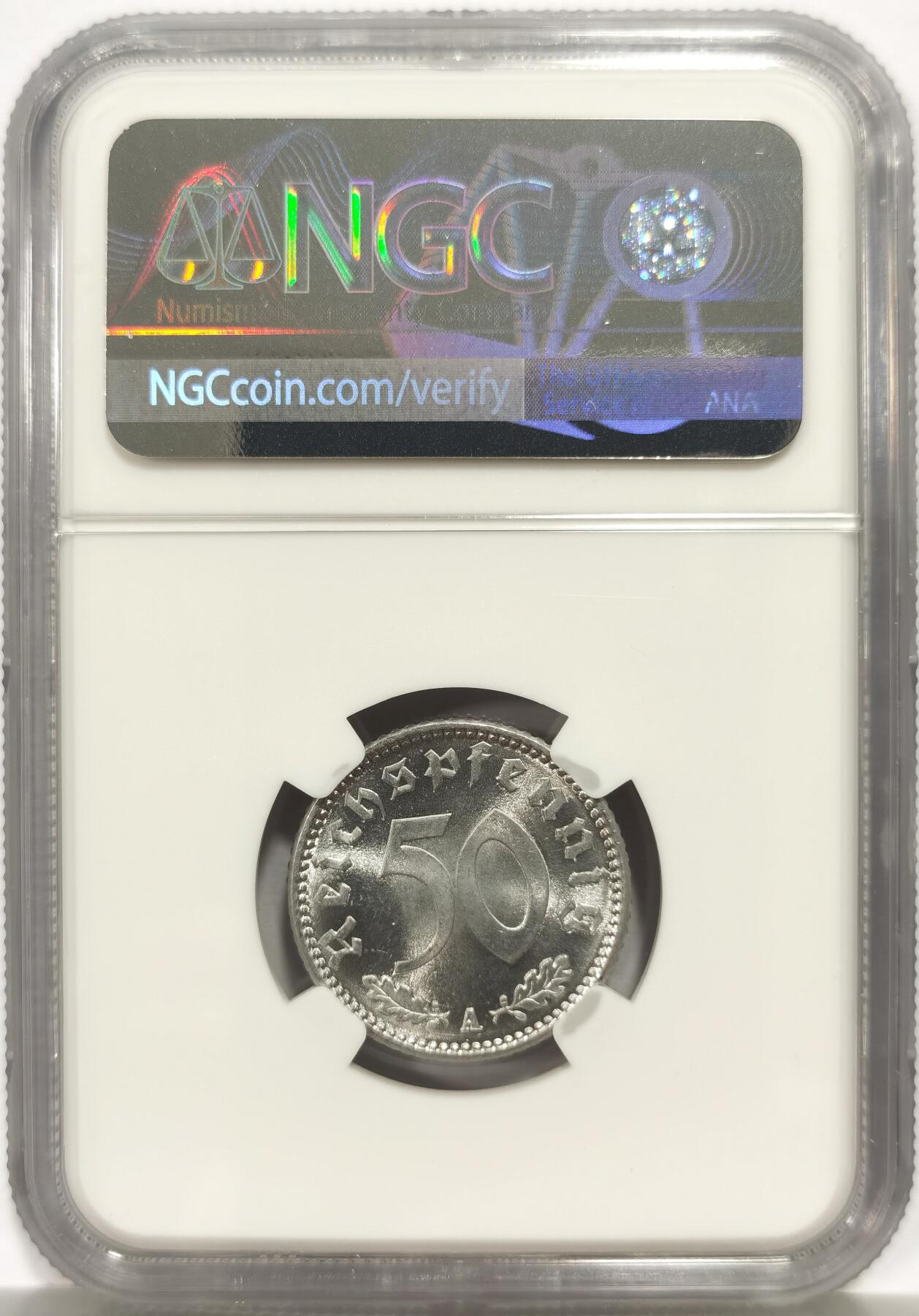 博洋堂世界钱币拍卖第165期（全场包邮） NGC MS66 德国第三帝国1943年A版50芬尼铝币，极致高分，仅有一枚更高