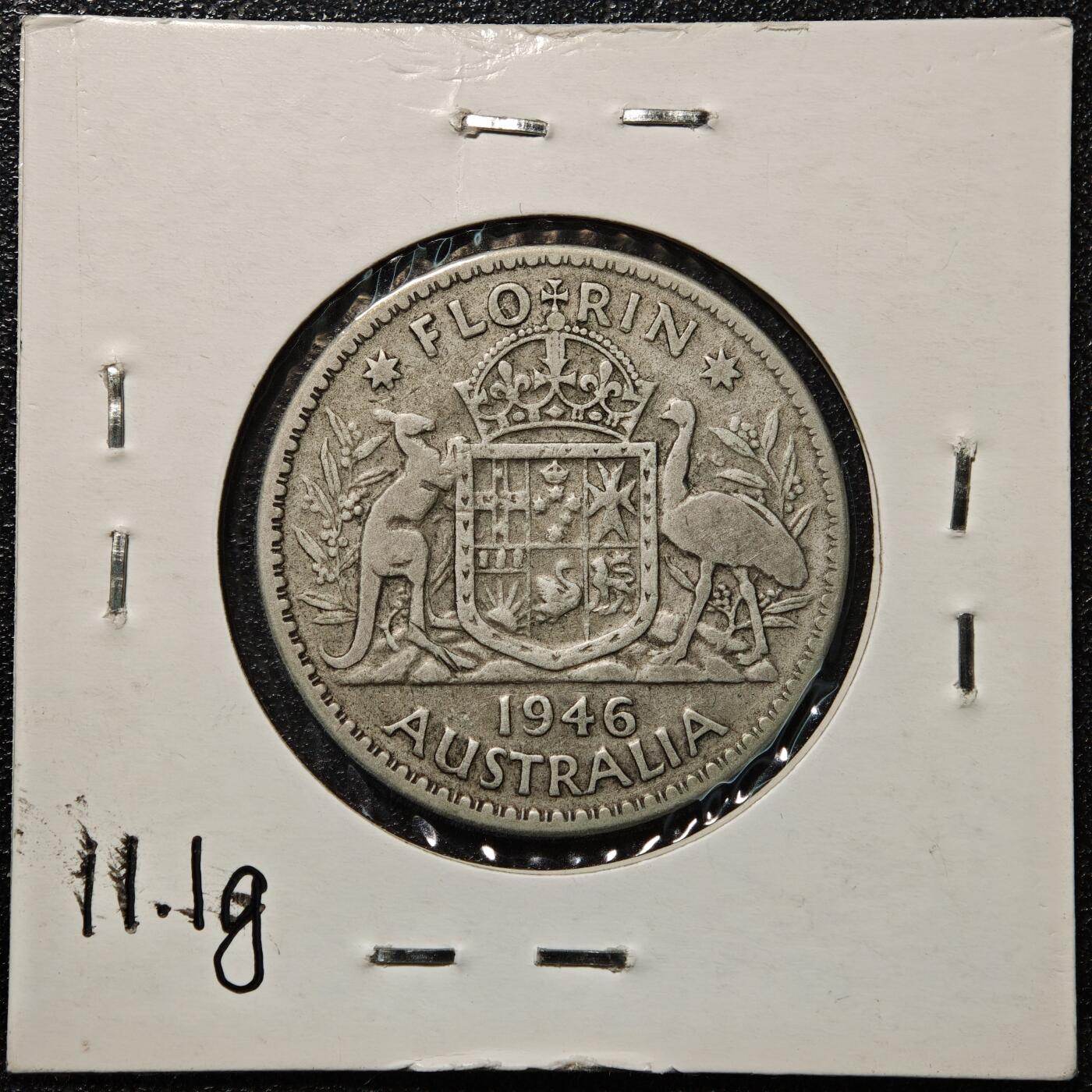 【德藏】世界币章拍卖第168期（拍品征集中~欢迎藏友联系） 老藏家集藏系列之- 1946年 澳大利亚弗洛林银币 直径约：28.6mm；重约：11.1g 入册20余年·附有当年购入价