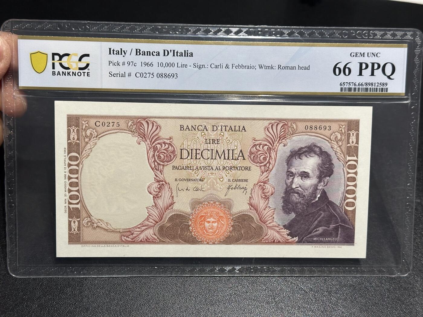 《外钞收藏家》第六百一十九期（精品场）（长期征集拍品、欢迎藏友们联系合作） 1966年意大利1万里拉  米开朗基罗 靓号 PCGS66