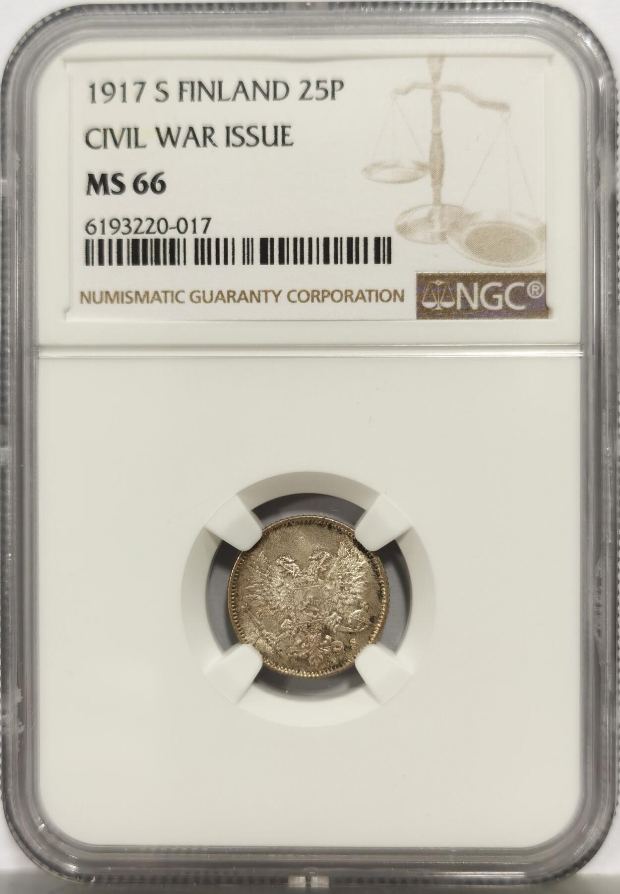 博洋堂世界钱币拍卖第165期（全场包邮） NGC MS66 芬兰1917年S内战时期25盆尼银币