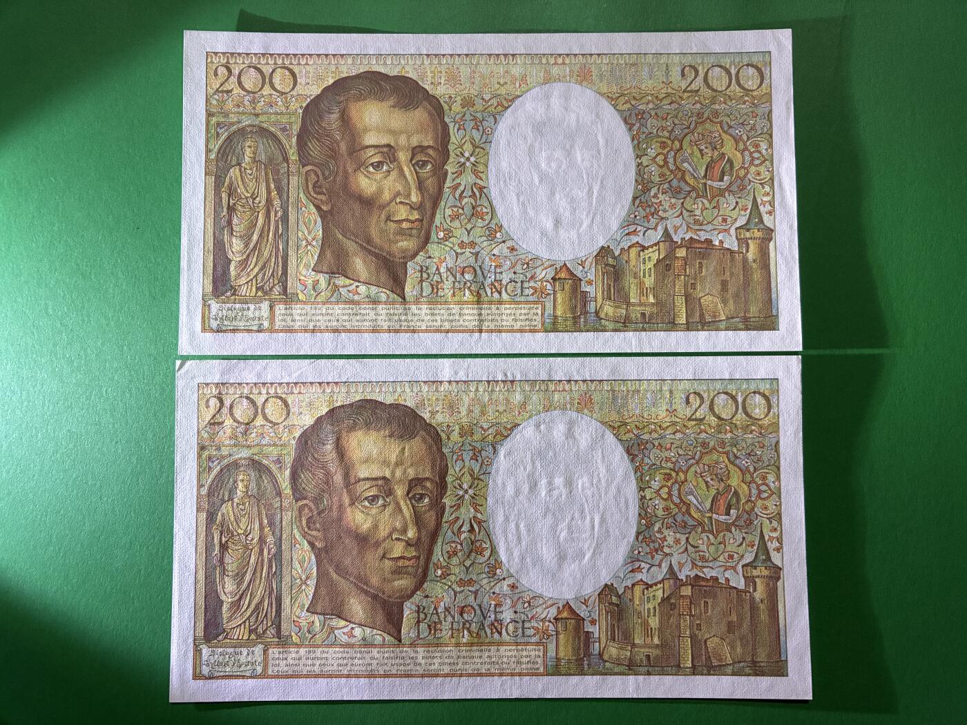 咖啡豆•收藏 2026年Mar_24th世界各国纸币拍卖 4枚 连号 法国 1991年 200法郎 全新UNC 外国 欧洲纸币