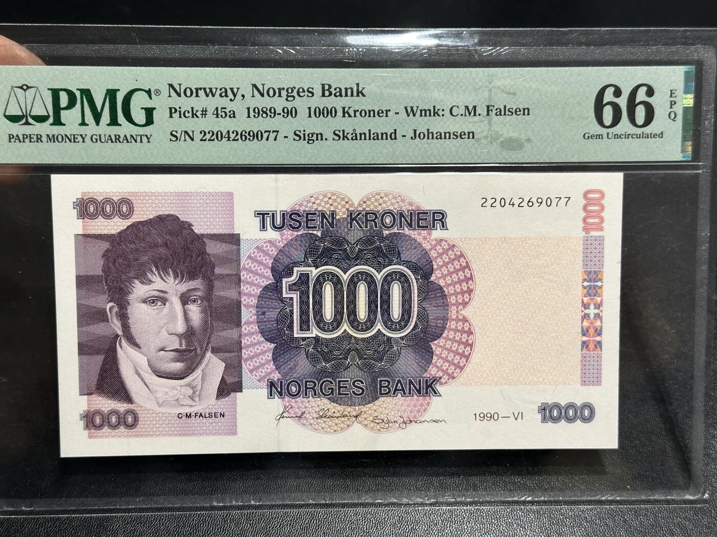 《外钞收藏家》第六百一十九期（精品场）（长期征集拍品、欢迎藏友们联系合作） 1990年挪威1000克朗 PMG66 
