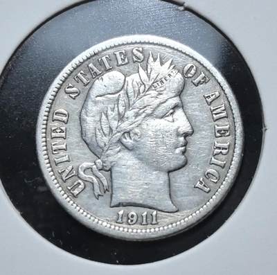 外国优质老铜币银币苏联纪念章，每周六晚九点倒数截拍，满百包邮可寄存，持续收拍 - 美国巴伯1911年10分银币。正面为戴桂冠的自由女神头像，背面是谷物花环与面值，是美国镀金时代经典流通辅币，见证 20 世纪初的货币体系。