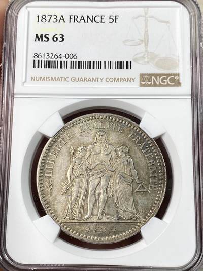 万国钱币拍卖第063期 - NGC MS63 1873法国大力神5法郎银币 经典品种 转光底板欧陆五彩环绕