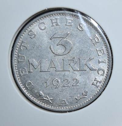 外国优质老铜币银币苏联纪念章，每周六晚九点倒数截拍，满百包邮可寄存，持续收拍 - 魏玛共和国1922年3马克，为纪念魏玛宪法颁布而发行，正面帝国鹰威严庄重，见证德国战后民主尝试，是魏玛时期钱币收藏的经典代表。