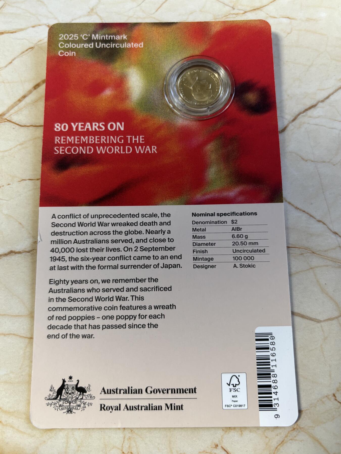 第194期拍卖 卡装澳大利亚2025年二战胜利80周年花卉彩色纪念铜币