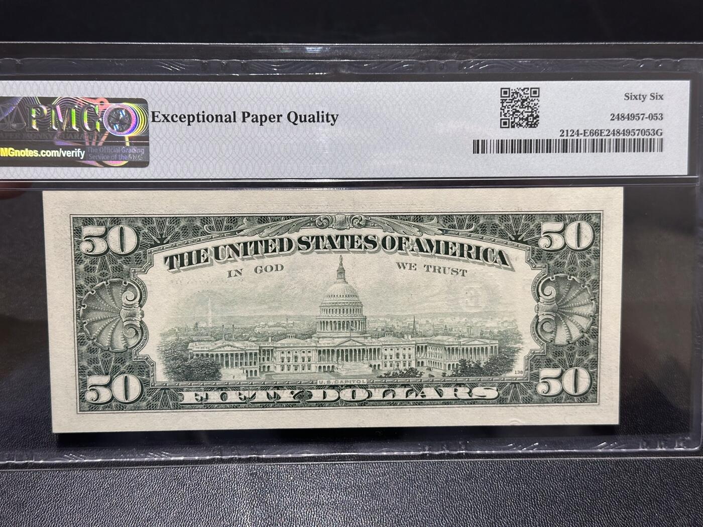 《外钞收藏家》第六百一十九期（精品场）（长期征集拍品、欢迎藏友们联系合作） 1990年美国小头版50美元 无47 PMG66