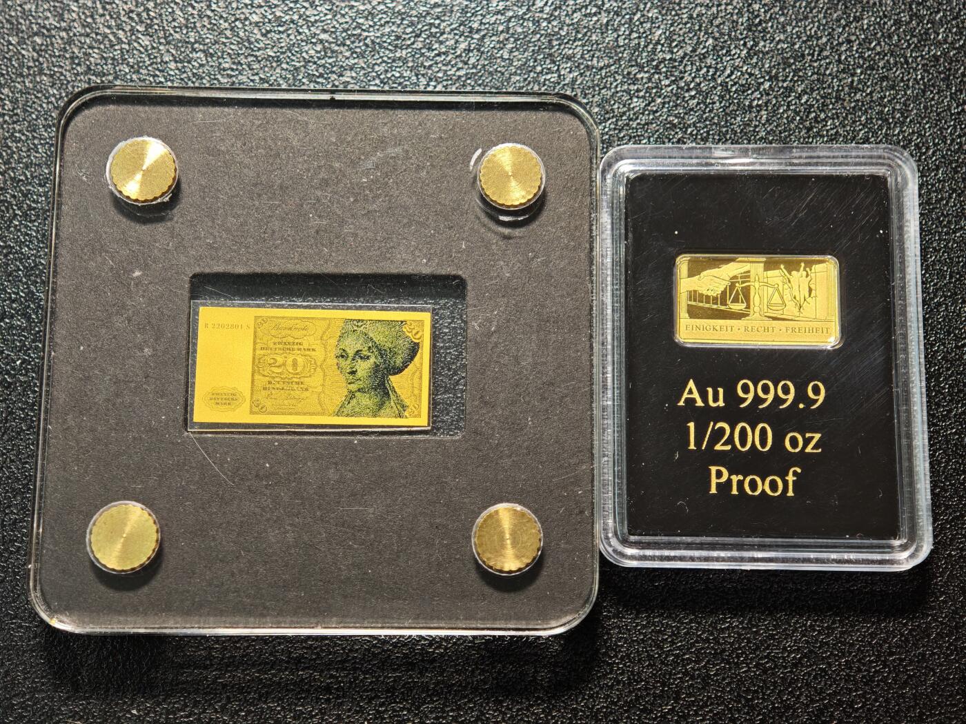 【德藏】世界币章拍卖第168期（拍品征集中~欢迎藏友联系） 20德国马克微型金钞 1/500盎司 999金 及 1/200盎司德国格言金章 999金