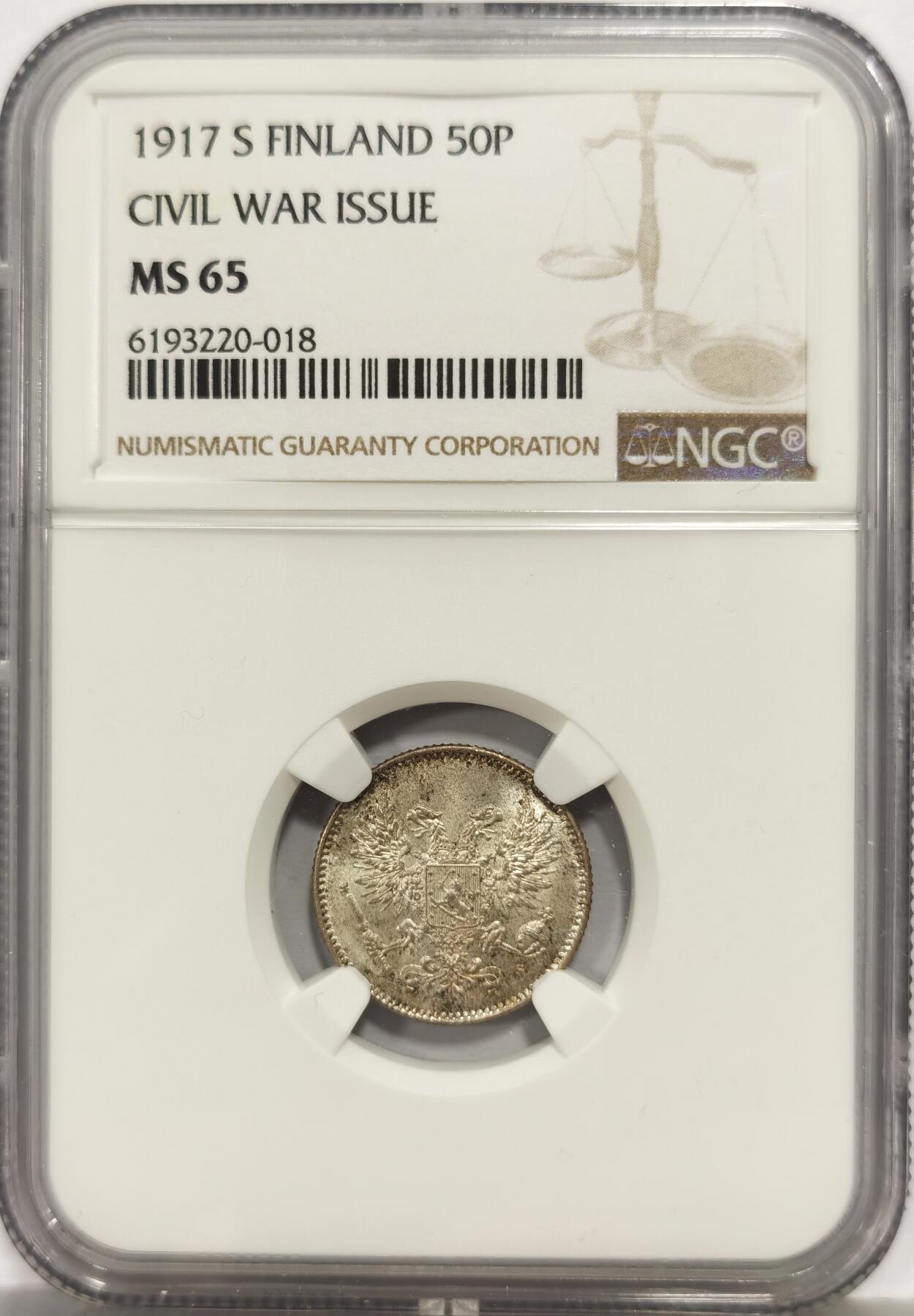 博洋堂世界钱币拍卖第165期（全场包邮） NGC MS65 芬兰1917年S内战时期50盆尼银币