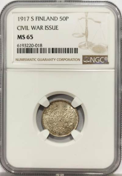 博洋堂世界钱币拍卖第165期（全场包邮） - NGC MS65 芬兰1917年S内战时期50盆尼银币