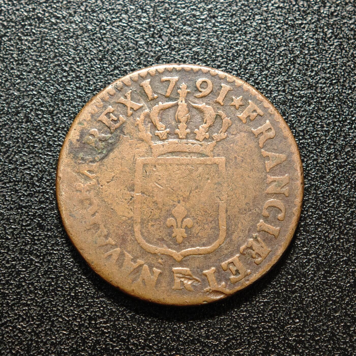 【德藏】世界币章拍卖第168期（拍品征集中~欢迎藏友联系） 1791年 法国路易十六1苏铜币 直径约：28.3mm；重约：11.5g