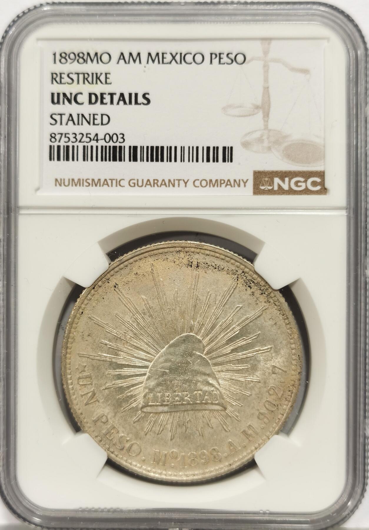 博洋堂世界钱币拍卖第165期（全场包邮） NGC UNCD 墨西哥1898年MO AM直边鹰洋，面值1比索，表面污渍
