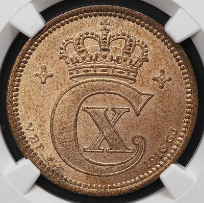 修遠堂世界钱币第108期 - NGC MS64RB 1916年丹麦5欧尔铜币 较少见年份 铸造量只有80多万枚