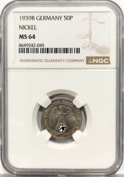 博洋堂世界钱币拍卖第165期（全场包邮） - NGC MS64 德国第三帝国1939年B版50芬尼镍币，传说中的回炉坦克币