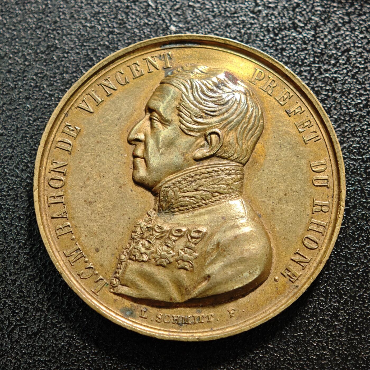 【德藏】世界币章拍卖第168期（拍品征集中~欢迎藏友联系） 1851年 法国罗纳省省长樊尚男爵高浮雕纪念铜章 直径约：34.4mm；重约：19.7g