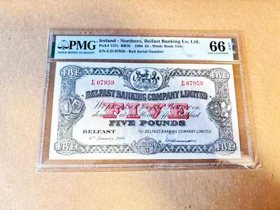 【Blue Auction】世界纸币精拍第796期——18级TOP拍卖/信誉/品质/专业/高效💫 - 【手签】北爱尔兰 1966年5镑 大票幅 PMG66EPQ 