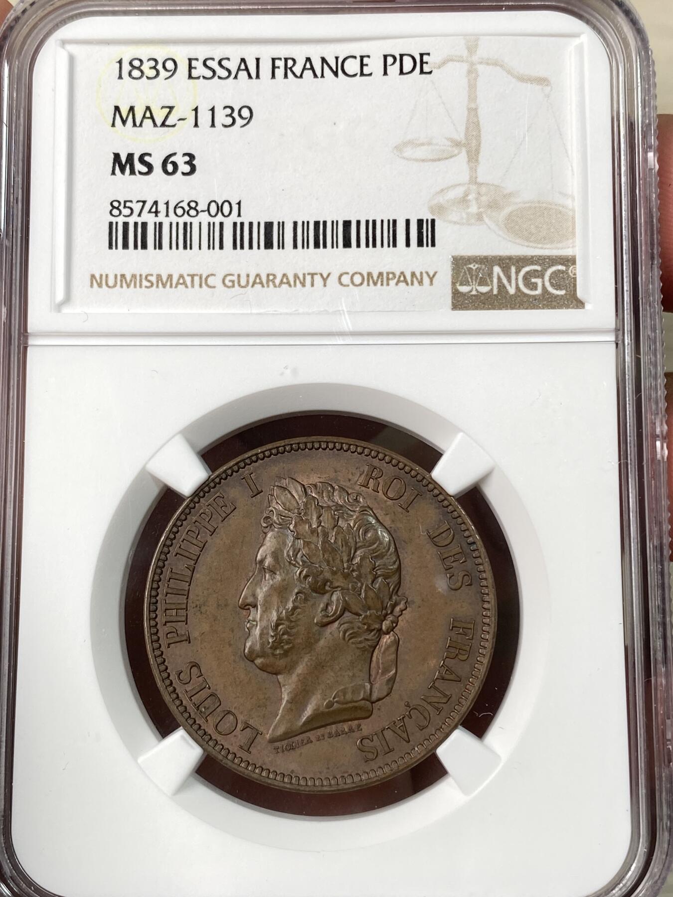 万国钱币拍卖第063期 NGC MS63 1839年法国菲利普一世10生丁铜制试铸币 少见品种试铸样币系列