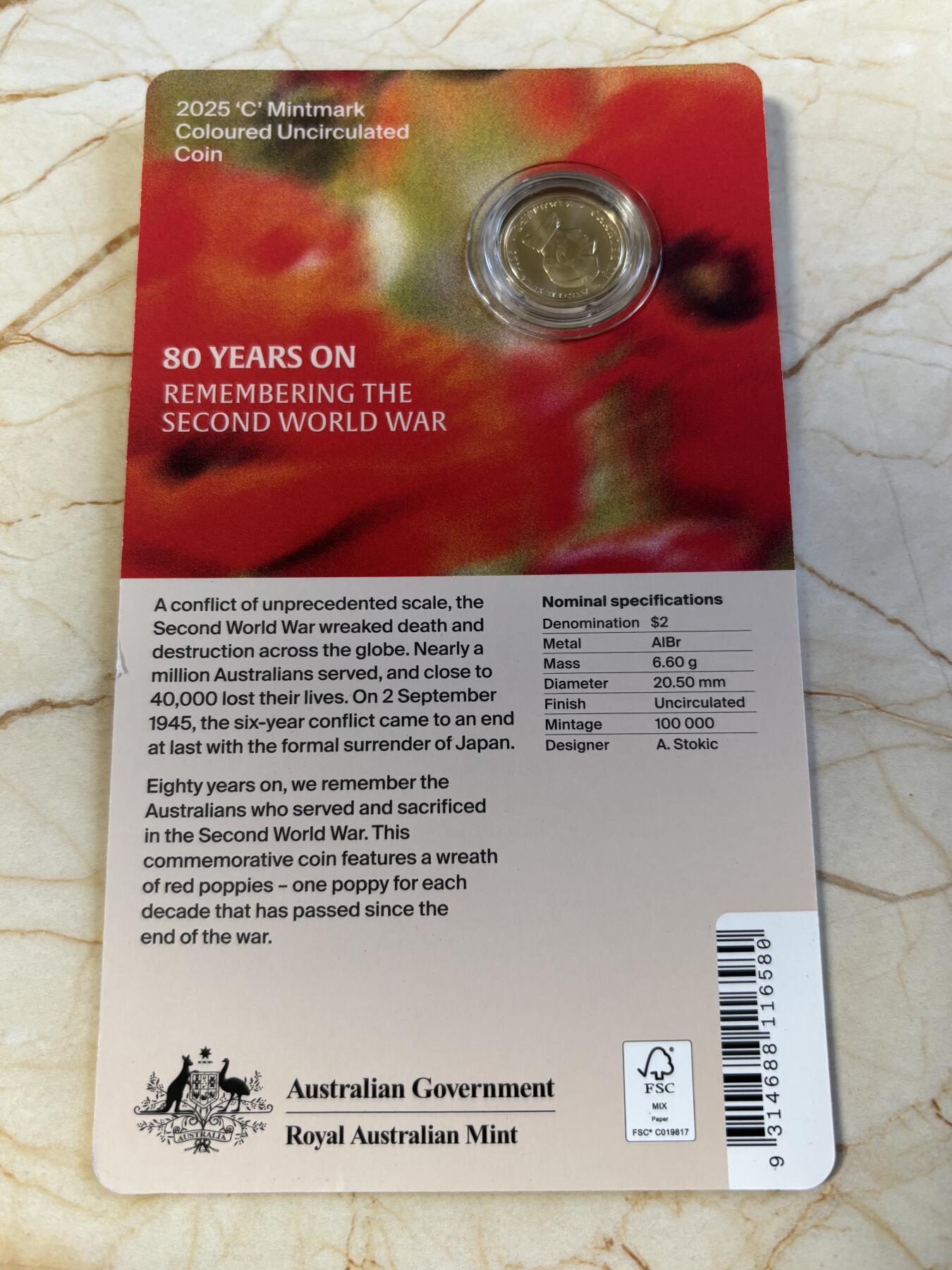 第194期拍卖 卡装澳大利亚2025年二战胜利80周年花卉彩色纪念铜币