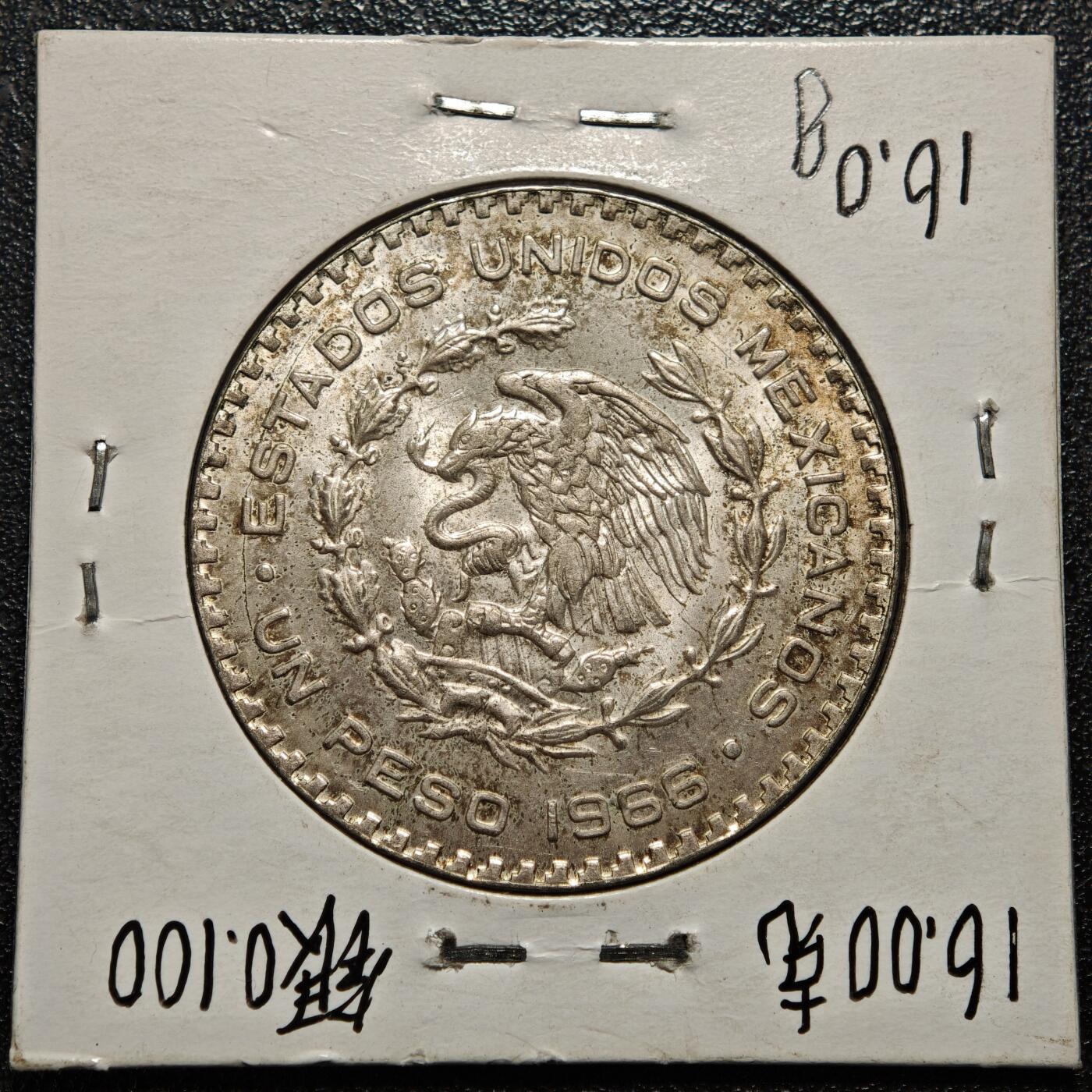 【德藏】世界币章拍卖第168期（拍品征集中~欢迎藏友联系） 老藏家集藏系列之- 1966年 墨西哥1比索银币 直径约：32mm；重约：14g 入册20余年·附有当年购入价