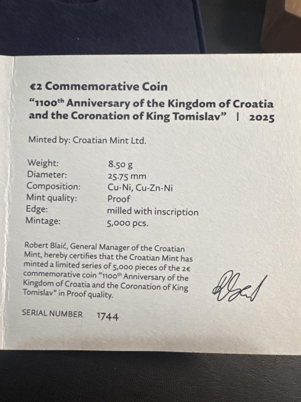 ❤️【币观天下】❤️ 第345期钱币拍卖场- 2026.3.20周五晚上6点半场 长期征集拍品  克罗地亚 2025年 托米斯拉夫国王加冕1100周年 2欧元精制纪念币 盒证齐全