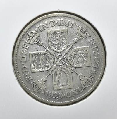 外国优质老铜币银币苏联纪念章，每周六晚九点倒数截拍，满百包邮可寄存，持续收拍 - 英国乔治五世1929年1佛罗林（2 先令）银币。正面为国王裸头像，背面是十字形王室盾徽与权杖，属战前经典流通币。