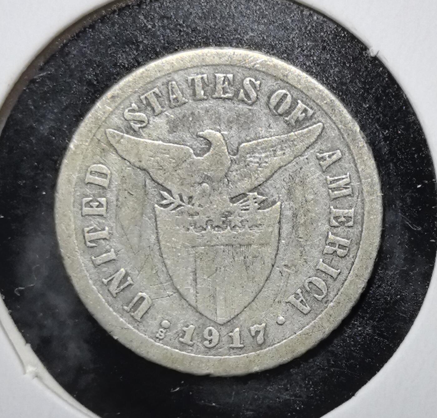 外国优质老铜币银币苏联纪念章，每周六晚九点倒数截拍，满百包邮可寄存，持续收拍 美国菲律宾群岛1917年10分银币S版。正面为自由女神像与铁砧，背面是美国鹰盾徽，属美属菲律宾时期经典流通币，由旧金山造币厂铸造。