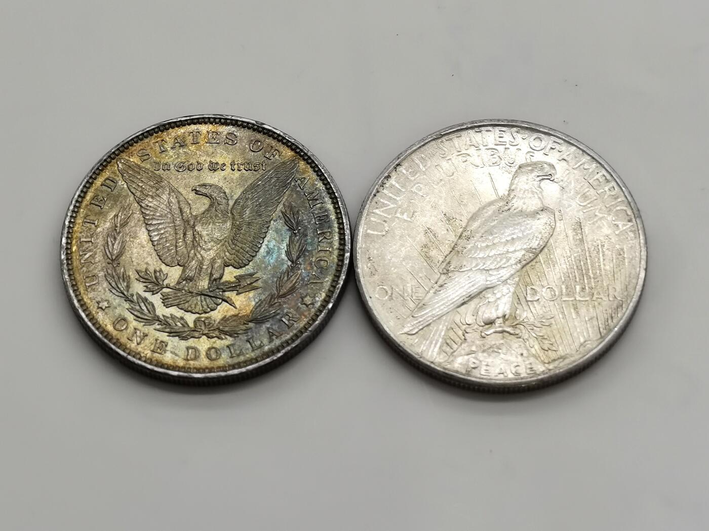 博洋堂世界钱币拍卖第165期（全场包邮） 美国1897年摩根女神大银币+1925年和平女神大银币一对，双面原味五彩包浆