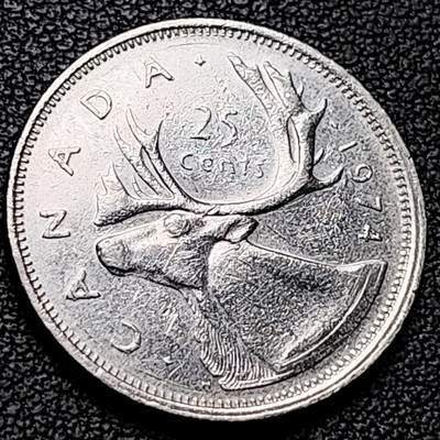 泉币菌-第213场-拍品多 请提前出价（工作最近较忙 发货不及时，望理解） - 高币值 加拿大1974年1/4加拿大元 伊丽莎白二世 驯鹿 24mm 