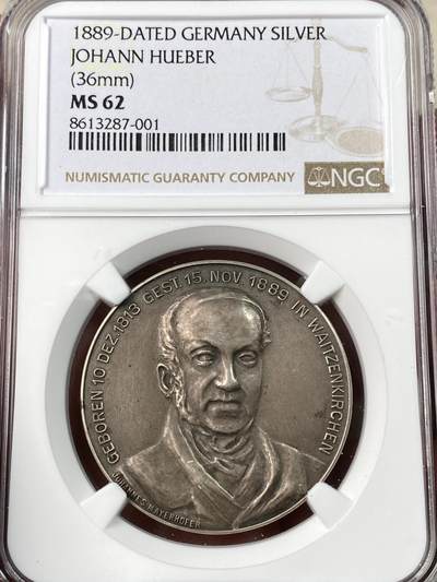 万国钱币拍卖第063期 - NGC MS62 1913年德国弗朗茨·约瑟夫一世·迈耶霍费尔·约翰·休伯诞辰100周年纪念银章 学院派画师 曾任伊丽莎白·欧根妮皇后（茜茜公主）的家庭教师