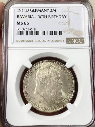 万国钱币拍卖第063期 - NGC MS65 1911德国巴伐利亚利奥波德九十大寿纪念长翅3马克 原味银霜BU转光 无可挑剔的品质状态