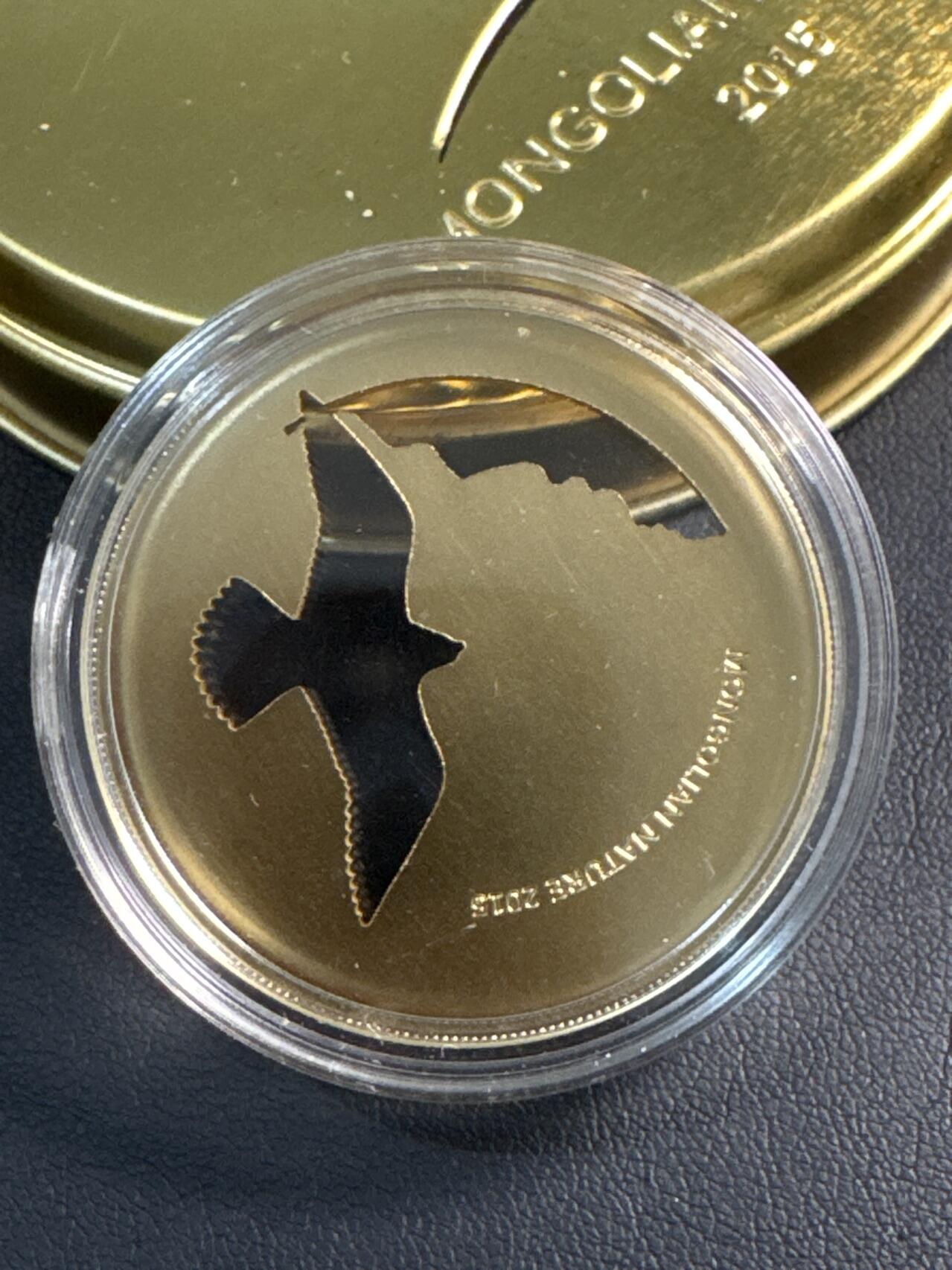 ❤️【币观天下】❤️ 第345期钱币拍卖场- 2026.3.20周五晚上6点半场 长期征集拍品  2015年蒙古500图格里克普制镀金银币 蒙古自然-鹰 1/2盎司925银 发行量：2500 盒证全