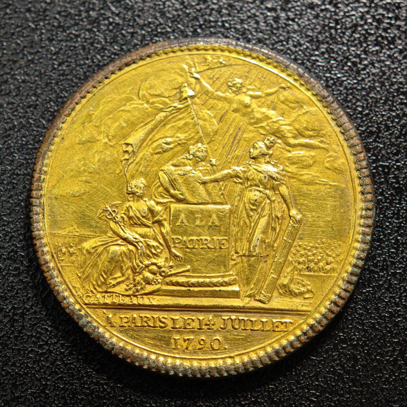 【德藏】世界币章拍卖第168期（拍品征集中~欢迎藏友联系） 1790年 法国大革命法兰西联盟镀金纪念铜章 直径约：33.9mm；重约：17.4g