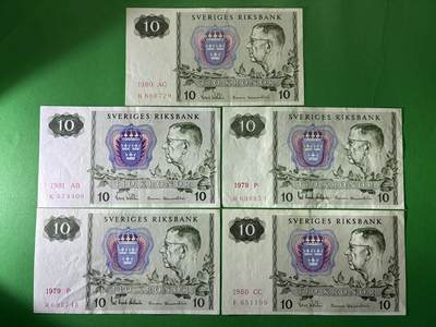 咖啡豆•收藏 2026年Mar_24th世界各国纸币拍卖 - 5枚 瑞典 1979-1981年 10克朗 美品XF-AU 外国 欧洲纸币