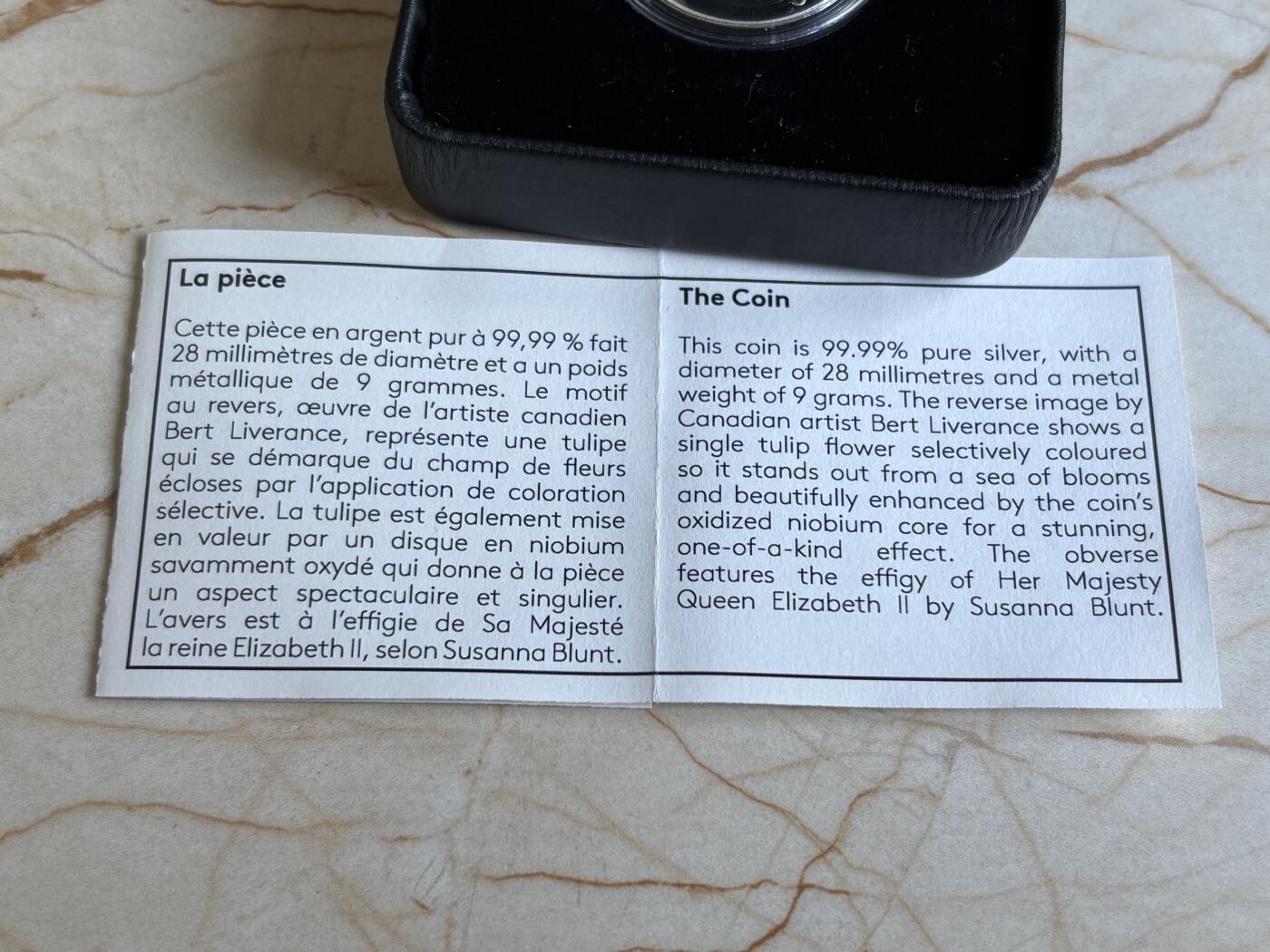 第194期拍卖 加拿大2014年花卉系列1郁金香精制双色银铌币，925银和999铌，9克，发行6000枚