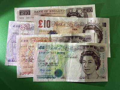 咖啡豆•收藏 2026年Mar_24th世界各国纸币拍卖 - 5枚 英国 5-20英镑 美品F-AU 外国 欧洲纸币