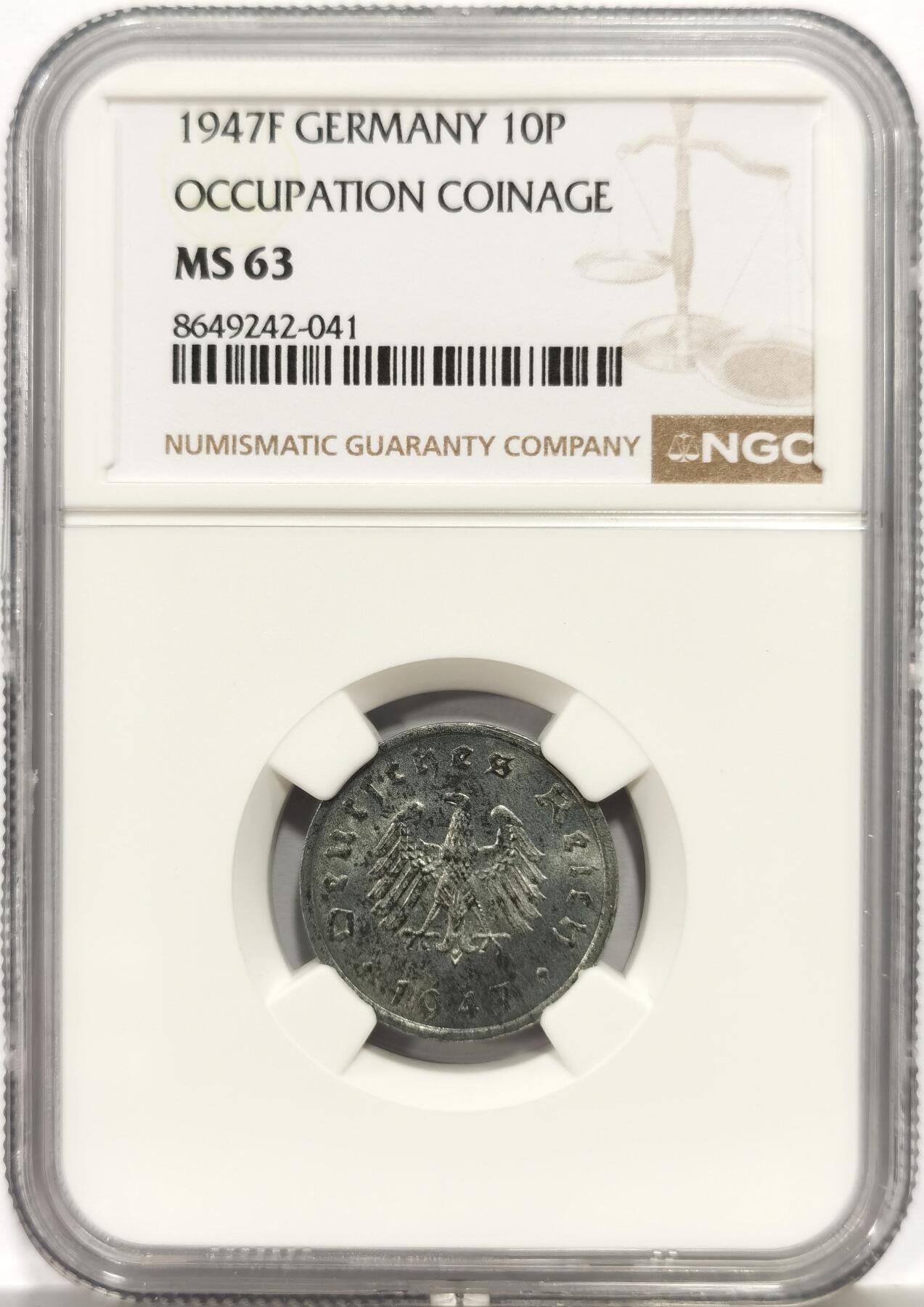 博洋堂世界钱币拍卖第165期（全场包邮） NGC MS63 德国盟军占领区1947年F版10芬尼锌币，锌币高分难得