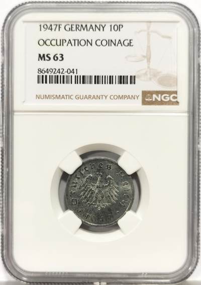 博洋堂世界钱币拍卖第165期（全场包邮） - NGC MS63 德国盟军占领区1947年F版10芬尼锌币，锌币高分难得