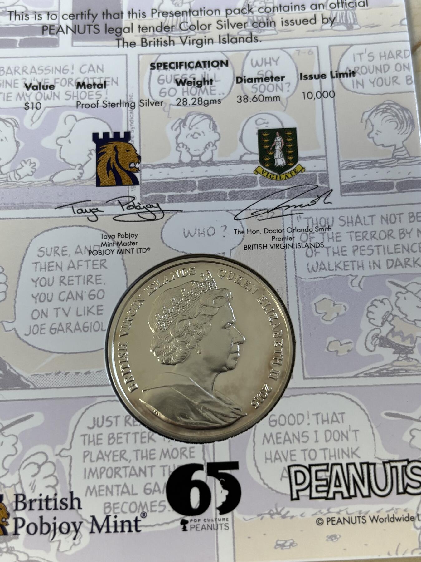 第194期拍卖 英属维尔京群岛2015年史努比65周年彩色纪念银币，925银，28.28克，发行10000枚