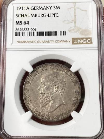 万国钱币拍卖第063期 - NGC MS64 1911年德国绍姆堡-利普乔治亲王长翅3马克 罕见小邦品种 原味纸袋包浆也掩盖不住的底光迸发 顶级典藏品质