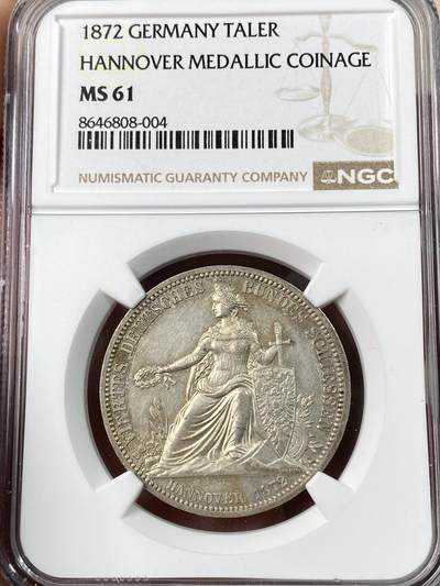 万国钱币拍卖第063期 - NGC MS61 1872年德国汉诺威双狮盾徽射击节1泰勒币章 帝国最后的1泰勒 高浮雕轻微镜面香槟金彩环绕 沁人心脾的顶级美感 