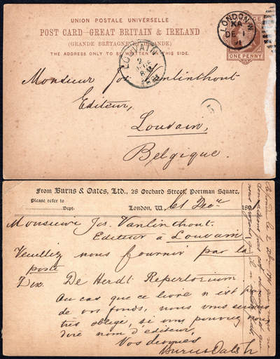 洪涛臻品批发群 精选邮票限时拍卖第1290期  - 1891年英国伦敦寄比利时 维多利亚女王(黑便士同图)邮资明信片
